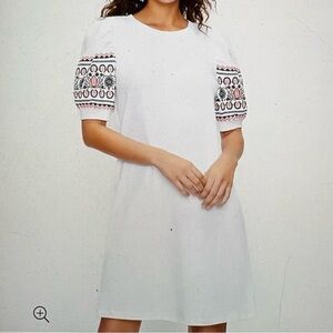 LOFT White Shift Dress Embroidery Puff Sleeves Midi XS Cottagecore